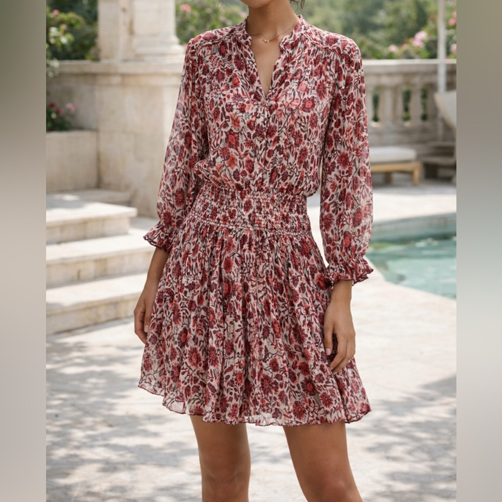 Poupette St. Barth Red Floral Long-Sleeve Mini Dress Silk